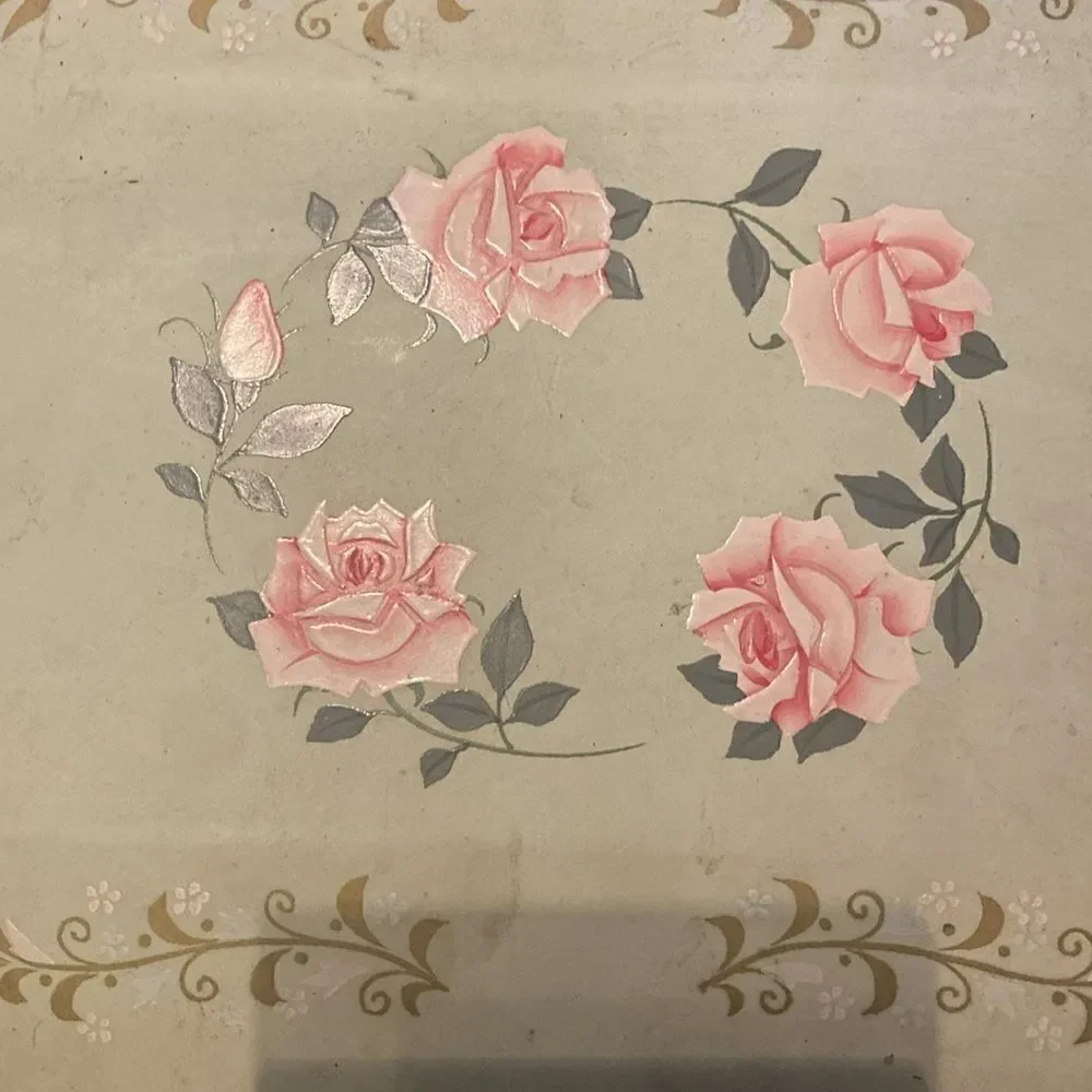 Rare 1940s Antique Lacquerware Pink Floral Mint Green Tokiwa Musical Jewelry Box